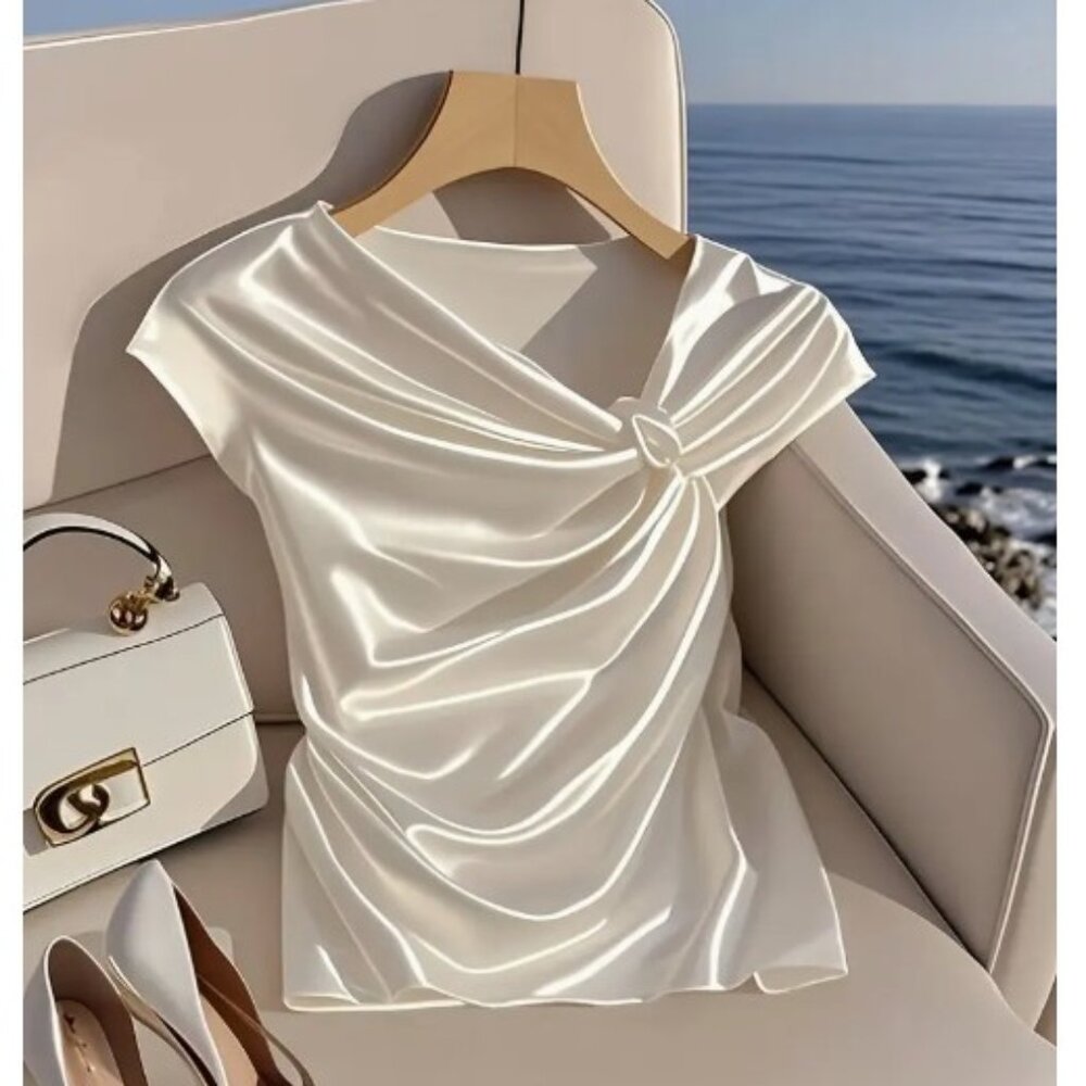 Elegant Cream Satin Knot-Detail Women's Top